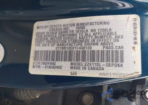 2001 Toyota Corolla Le from USA, damaged, VIN 2T1BR12E01C438120